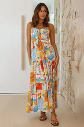 Mixed Prints Spaghetti Strap Vacation Maxi Dresses-Orange